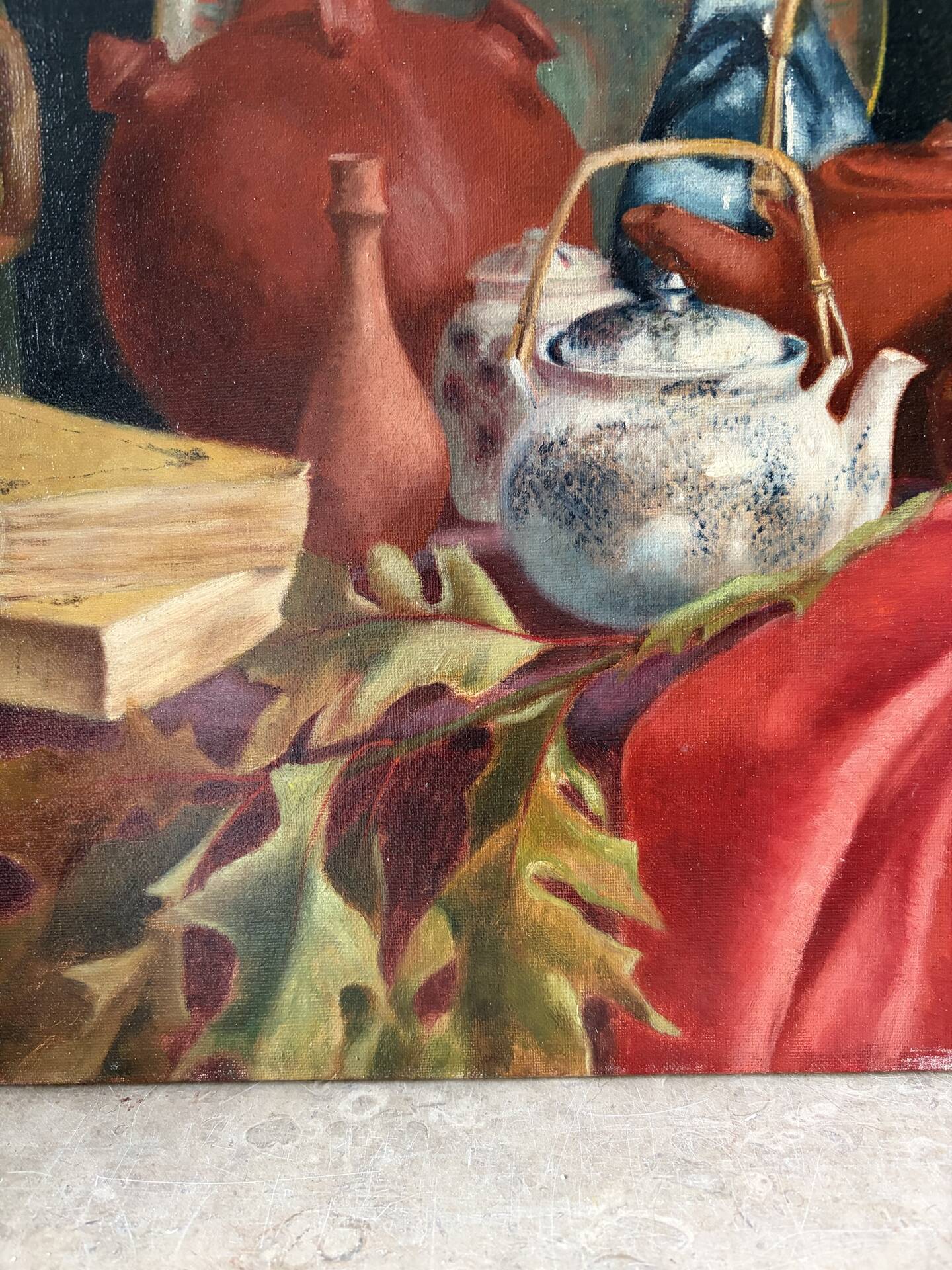 Still life with teapot and peacock feathers, oil on canvas signed