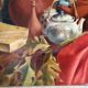 Still life with teapot and peacock feathers, oil on canvas signed