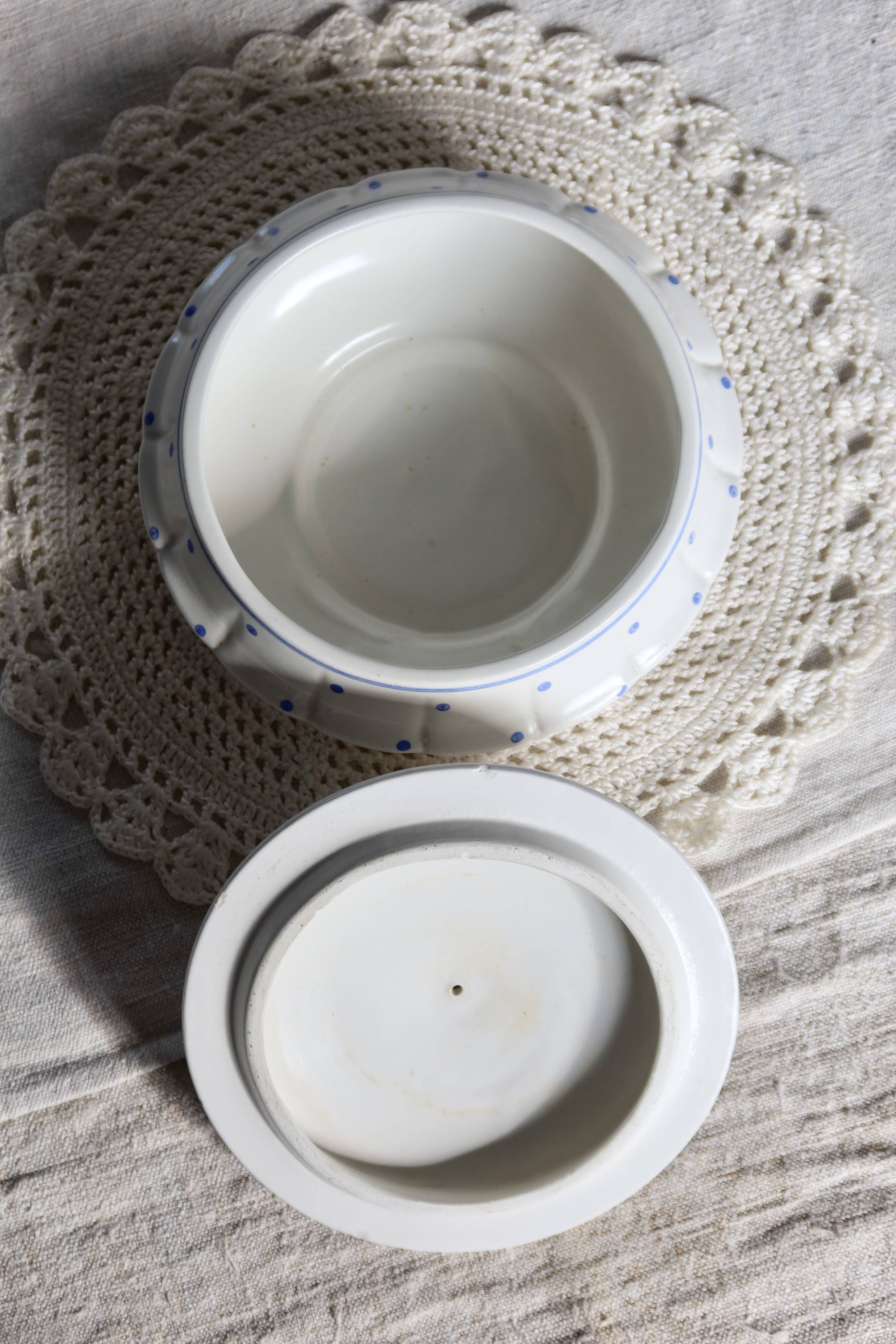 Vintage ivory earthenware candy box with blue polka dots