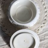 Vintage ivory earthenware candy box with blue polka dots