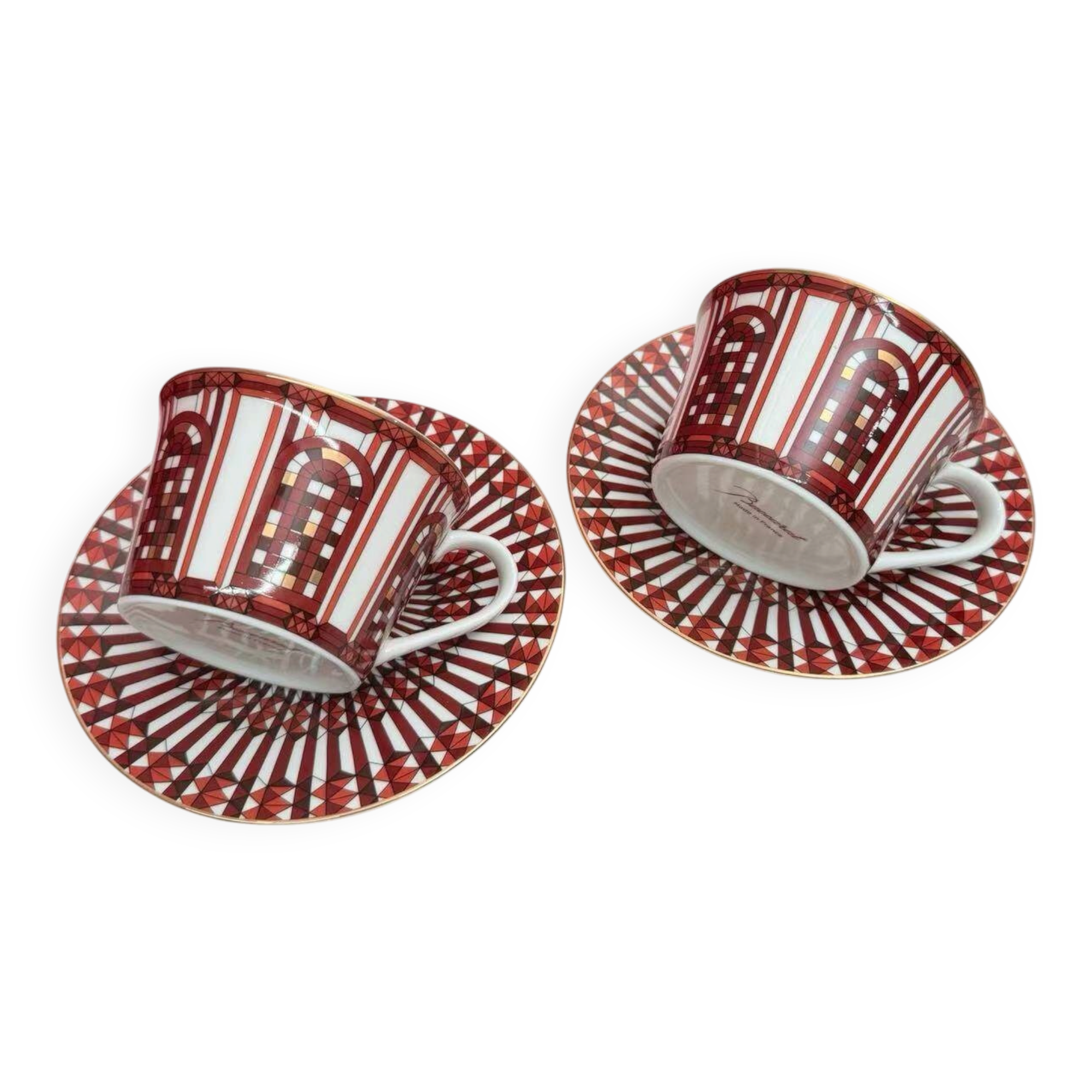 Pair of Baccarat Porcelain Coffee Cups and Saucers, Red Geometric Design