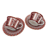 Pair of Baccarat Porcelain Coffee Cups and Saucers, Red Geometric Design