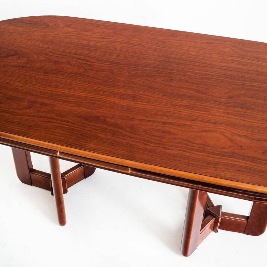 Vintage dining table with two extensions in varnished elm. Spain, 80s.