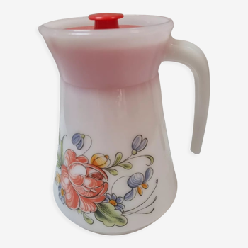 Vintage pitcher, flowered arcopal with lid