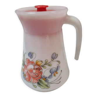 Vintage pitcher, flowered arcopal with lid