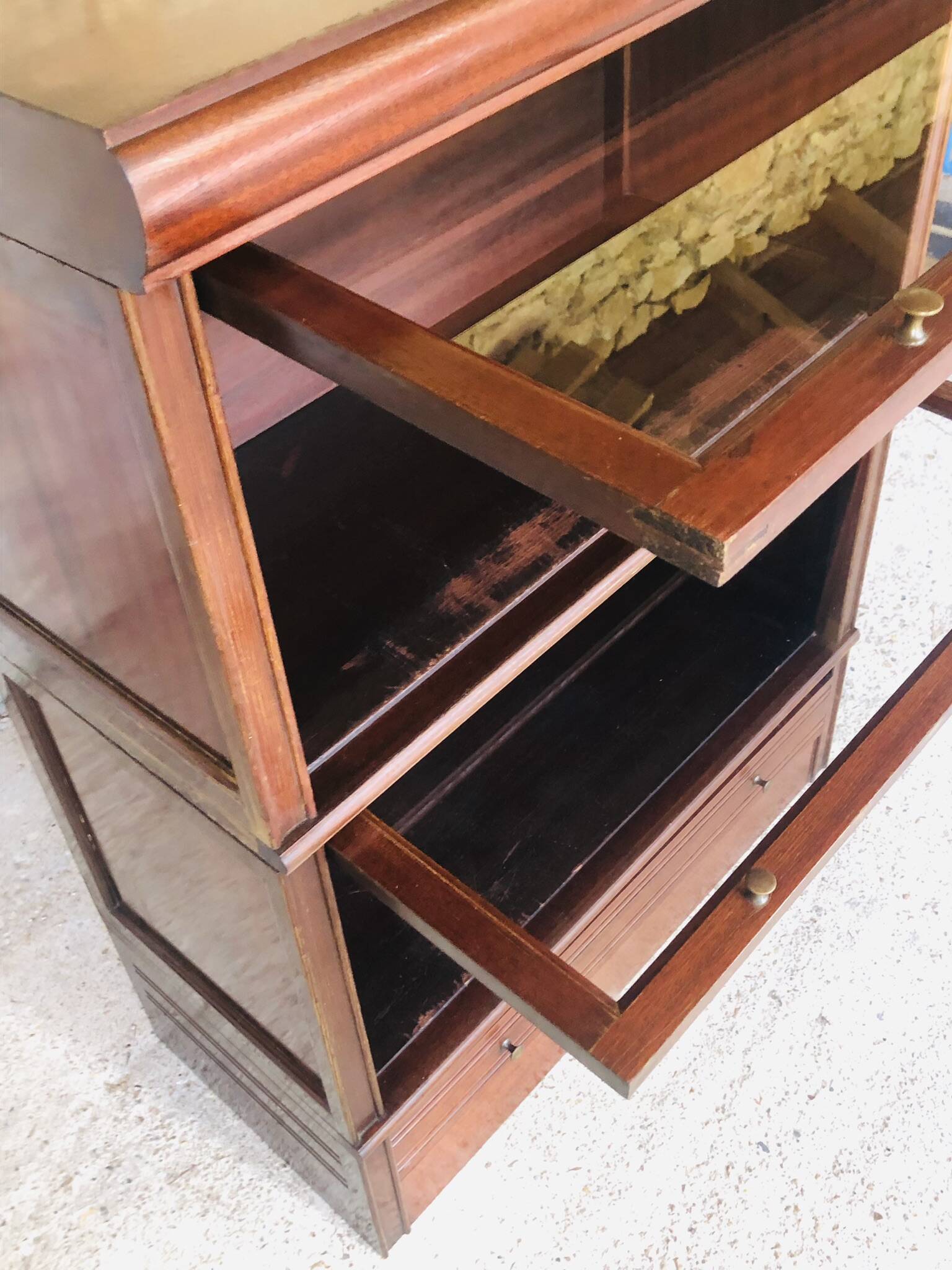 Vintage mahogany avocado bookcase with overhead glass doors circa 40's/50's