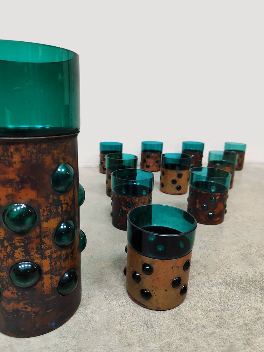 Vintage copper base bubble glass vase & glasses Nanny Still Raak