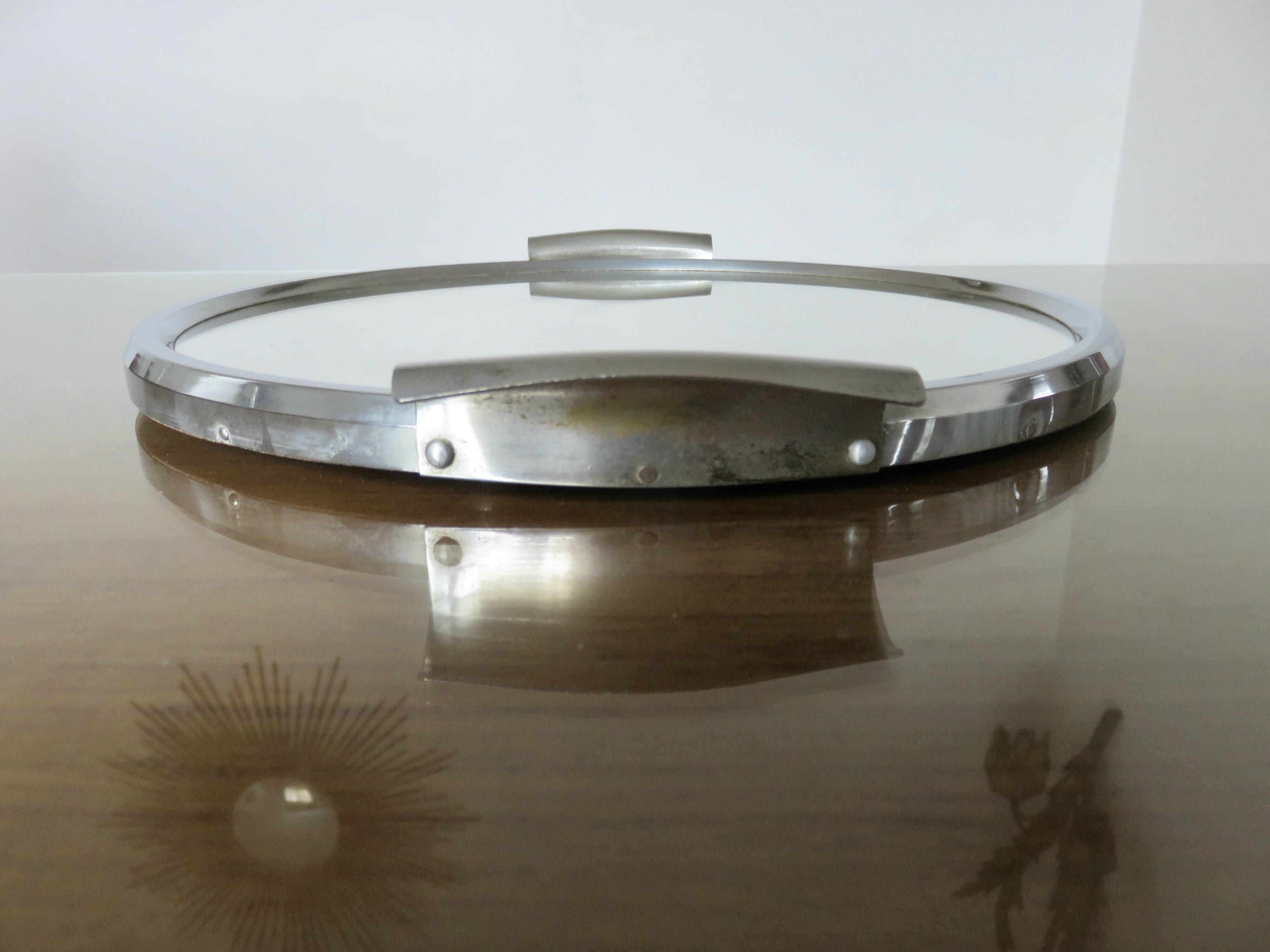 Round mirror tray in chrome-plated brass Art Deco 40s 50s