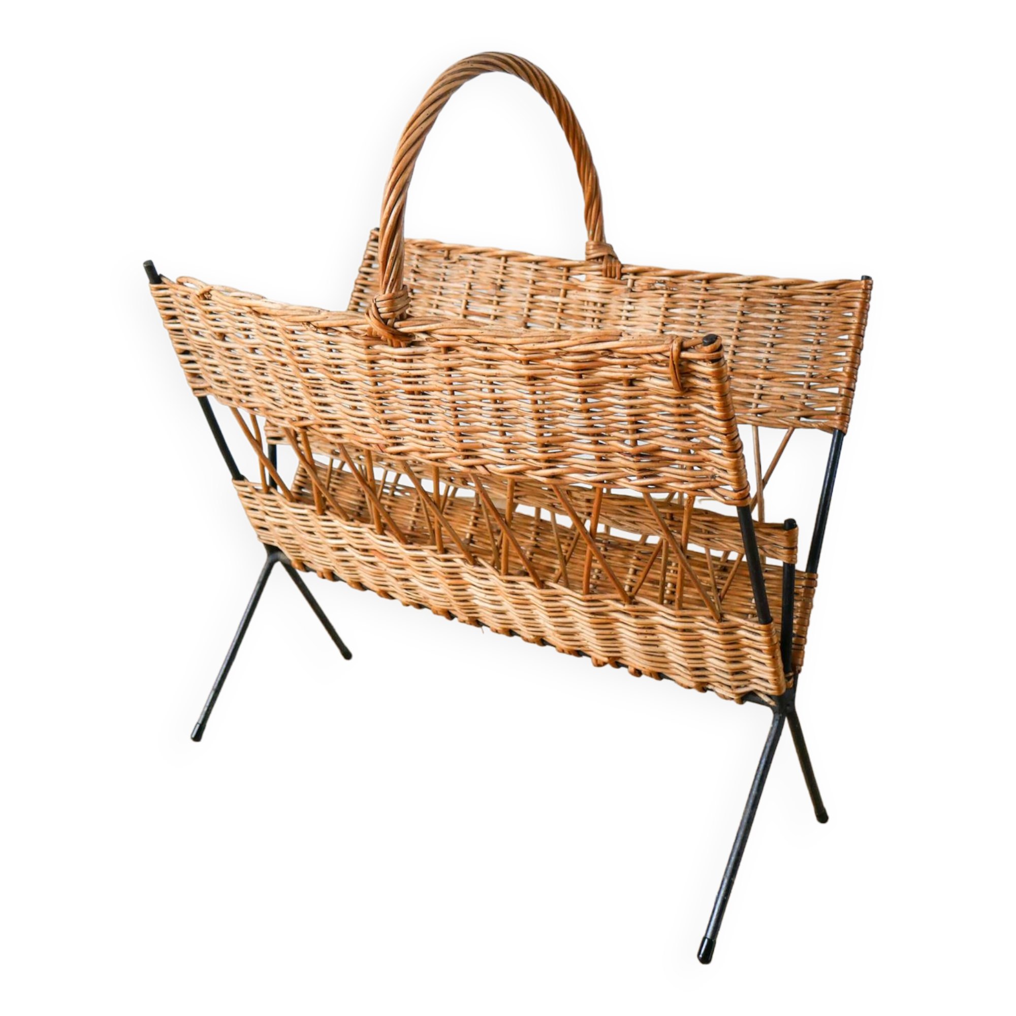 Modernist rattan and metal magazine rack 1970