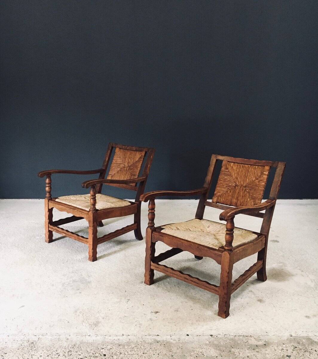 Arts & Crafts Handcrafted Low Lounge Armchairs, Belgium, 1920s, Set of 2
