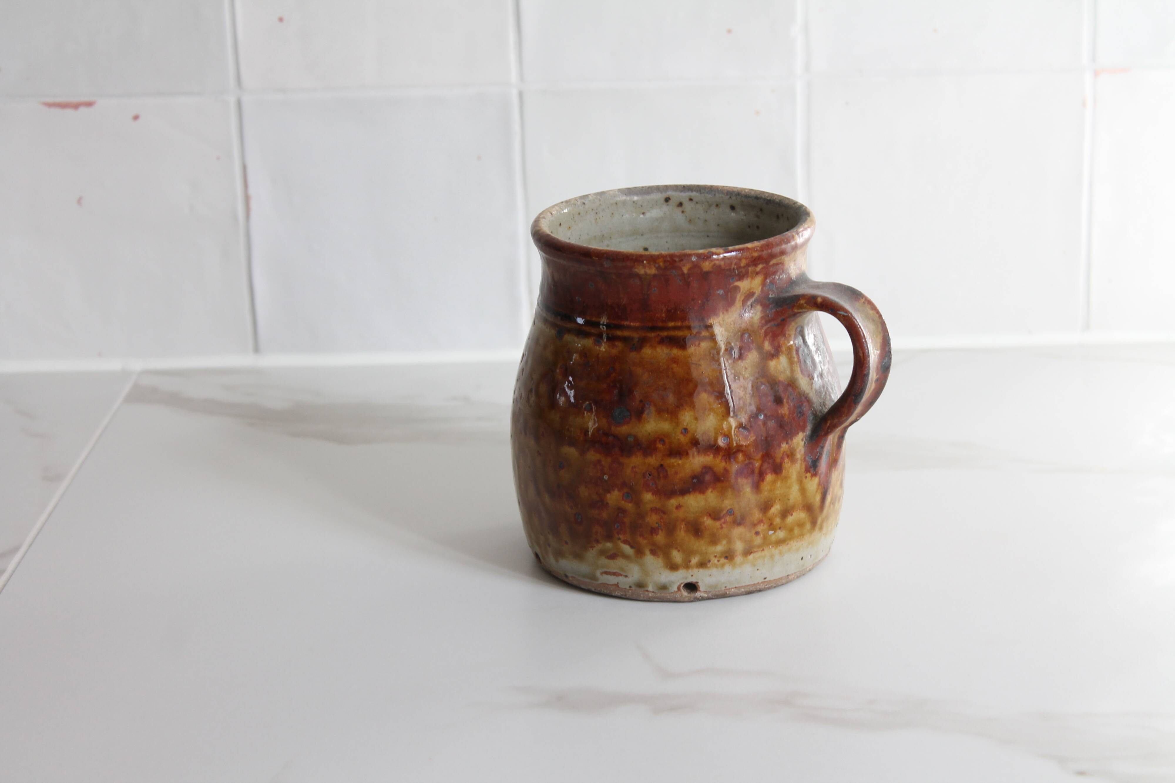 Ancient ceramic cream pot, pyrite stoneware, glazed from La Borne, France.