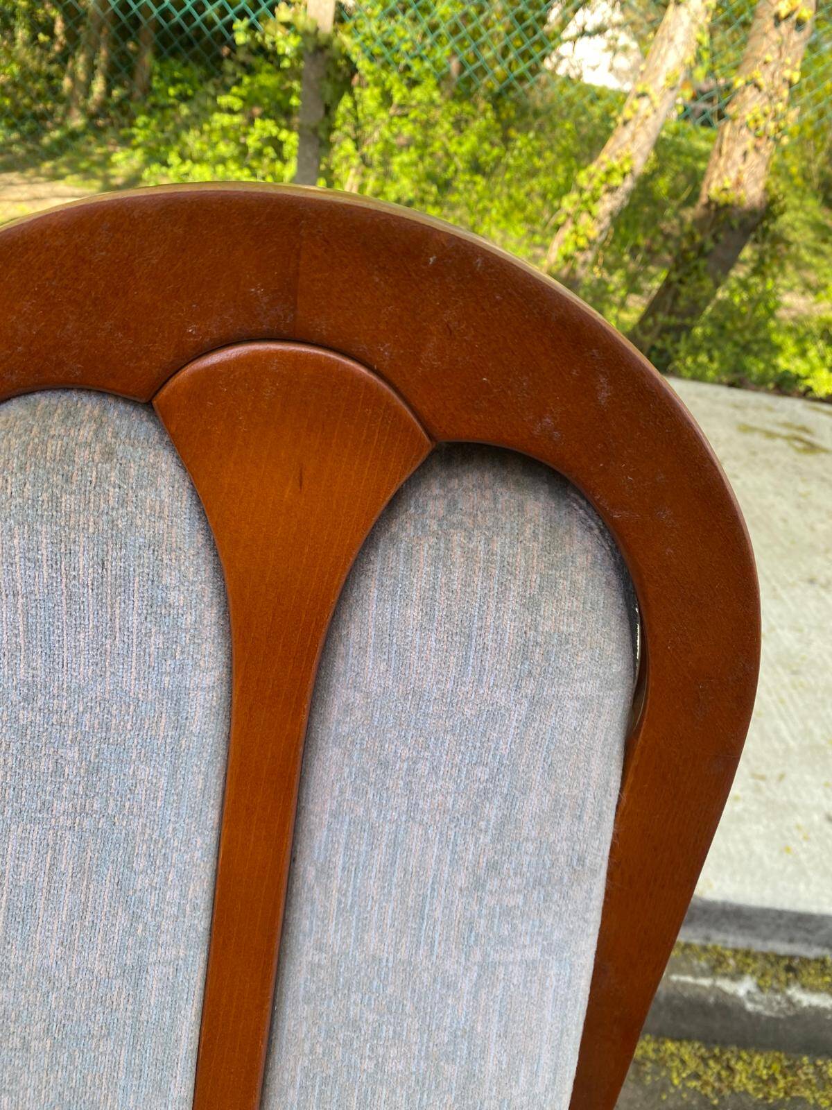 6 vintage cherry wood dining chairs with tweed fabric in MCM style 1970.