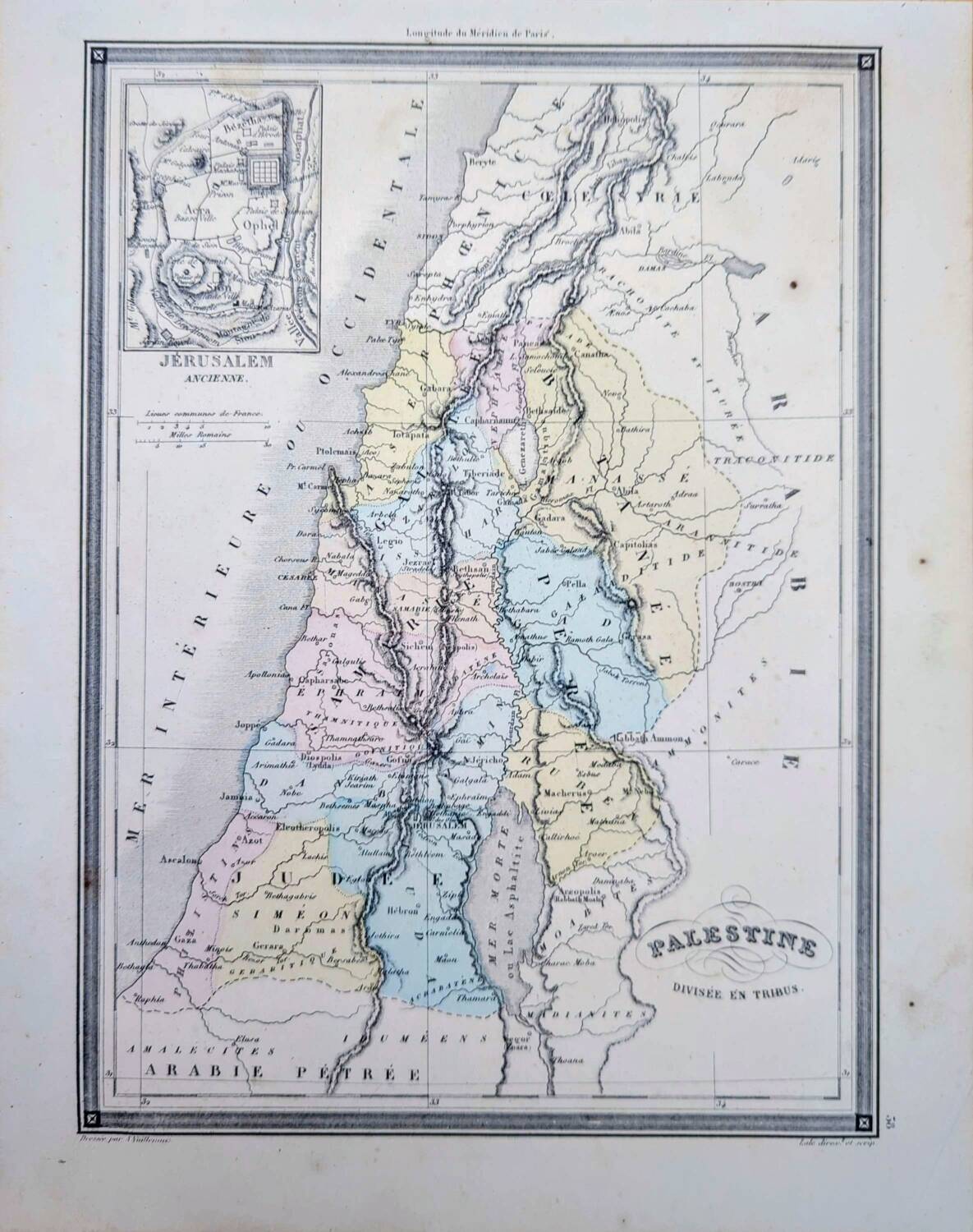 Palestine, old map, printed in 1852.