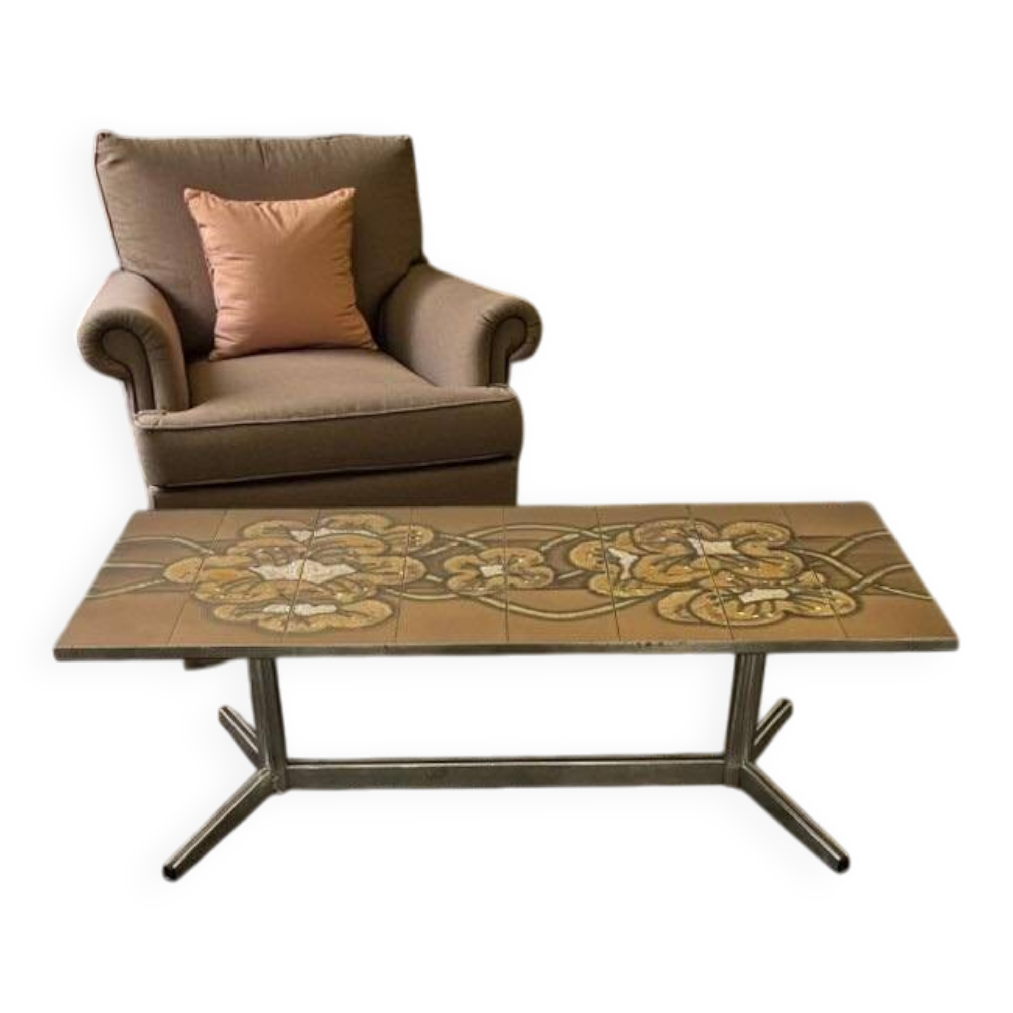 Vintage ceramic coffee table with a chrome frame.