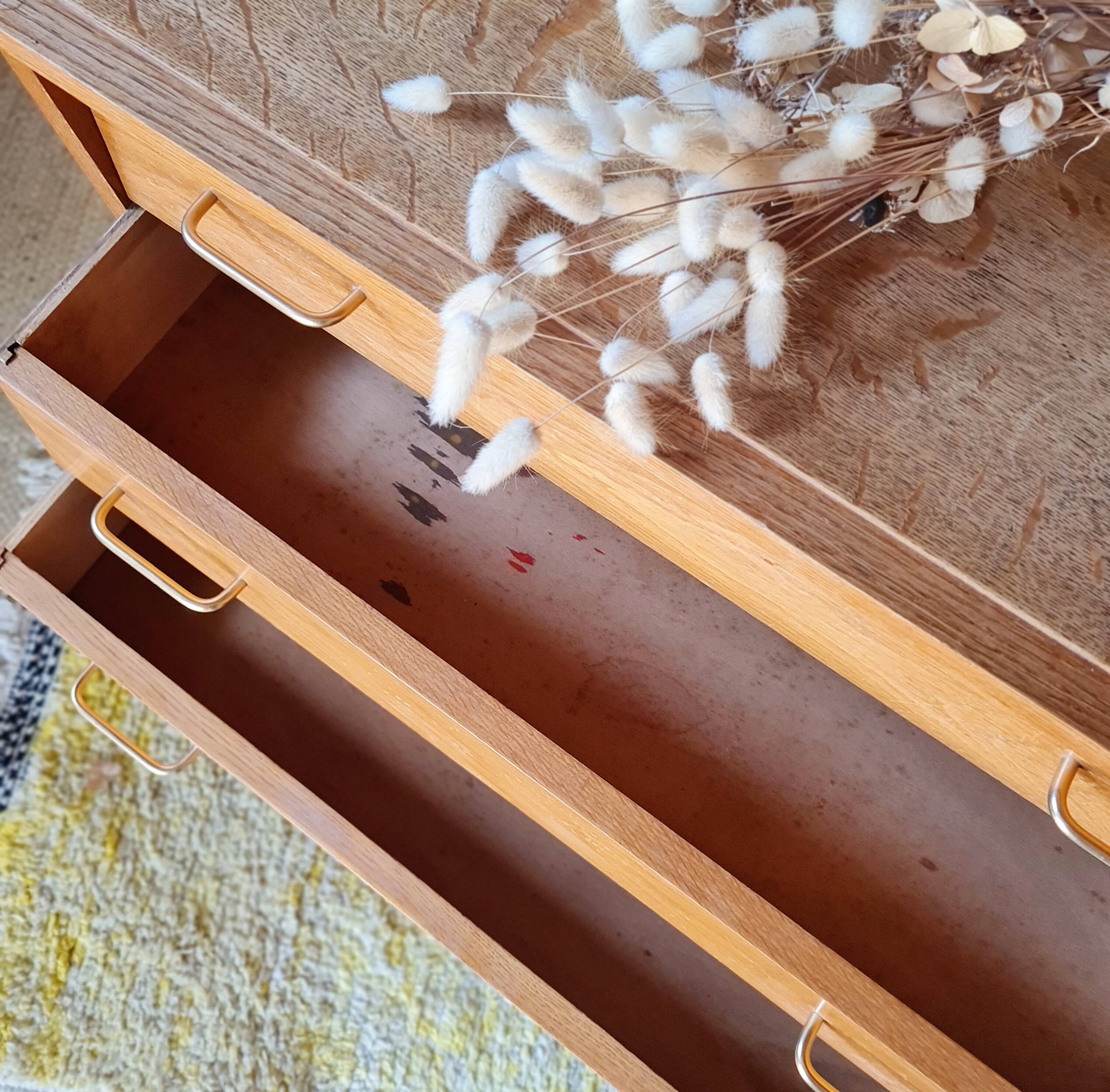 Commode Vintage Années 60 en Chêne – 4 Tiroirs Pieds compas