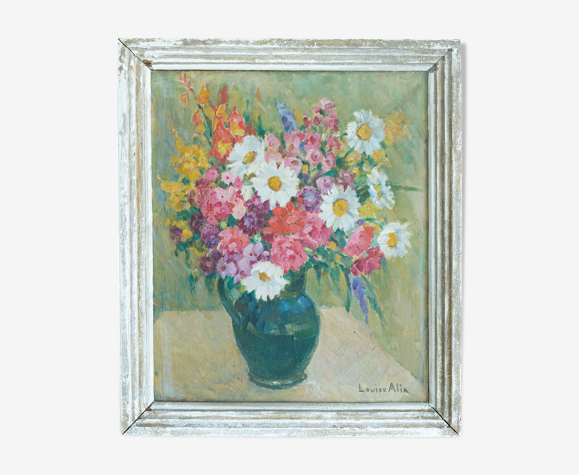 Tableau huile toile signé hst nature morte fleur bouquet