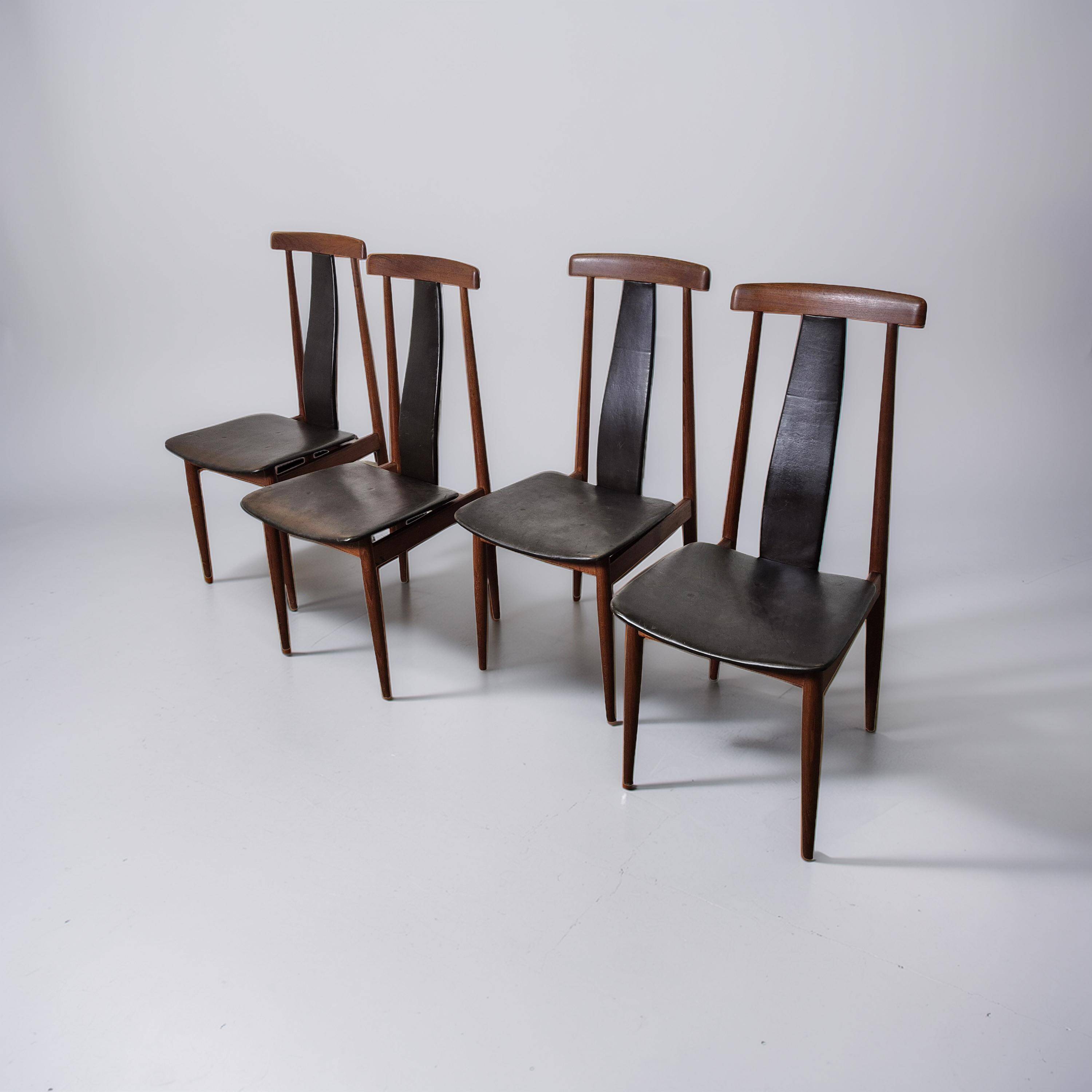 Set of 4 teak and leather dining chairs, Denmark 1960s