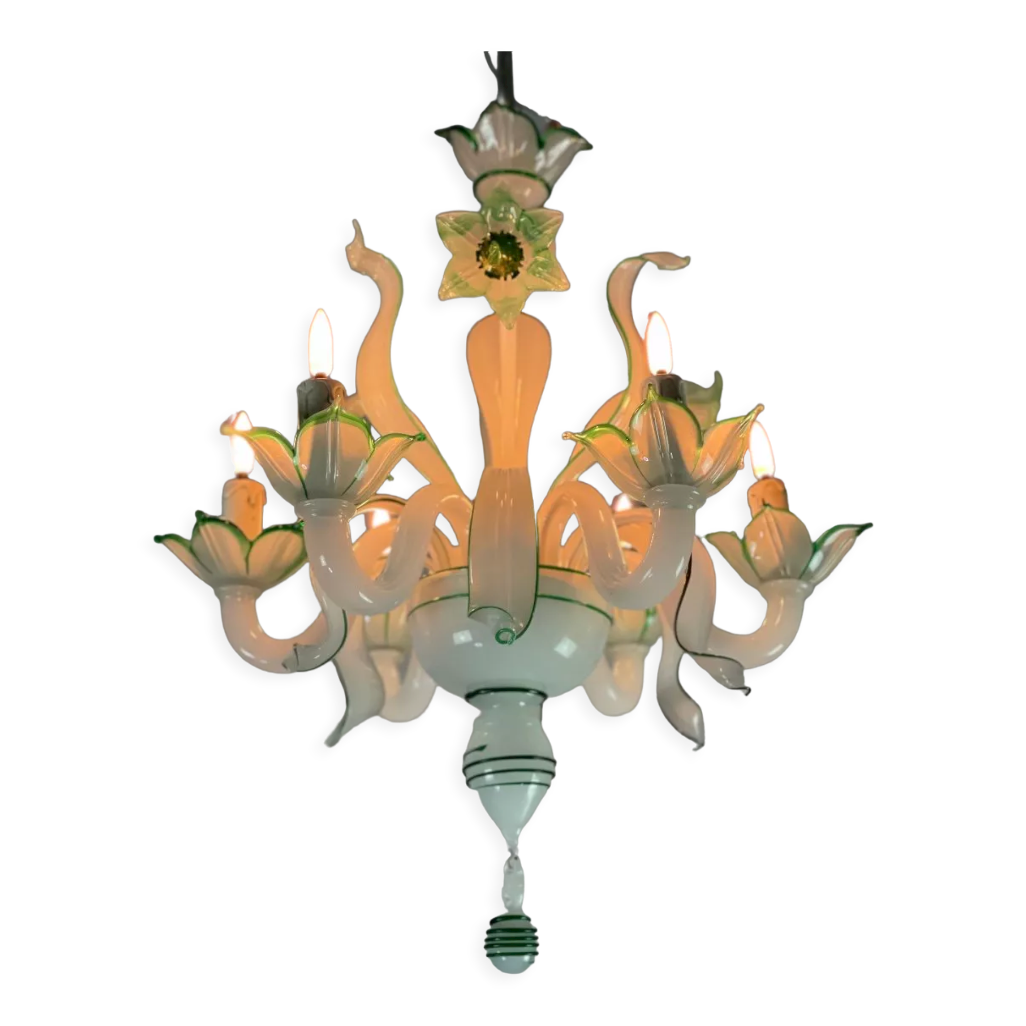 Venetian chandelier in opaline white and green Murano glass