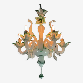 Venetian chandelier in opaline white and green Murano glass