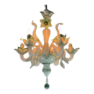 Venetian chandelier in opaline white and green Murano glass