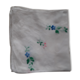 Nappe en coton-linon fond blanc couronne de fleurs bleues,roses.. brodées main.