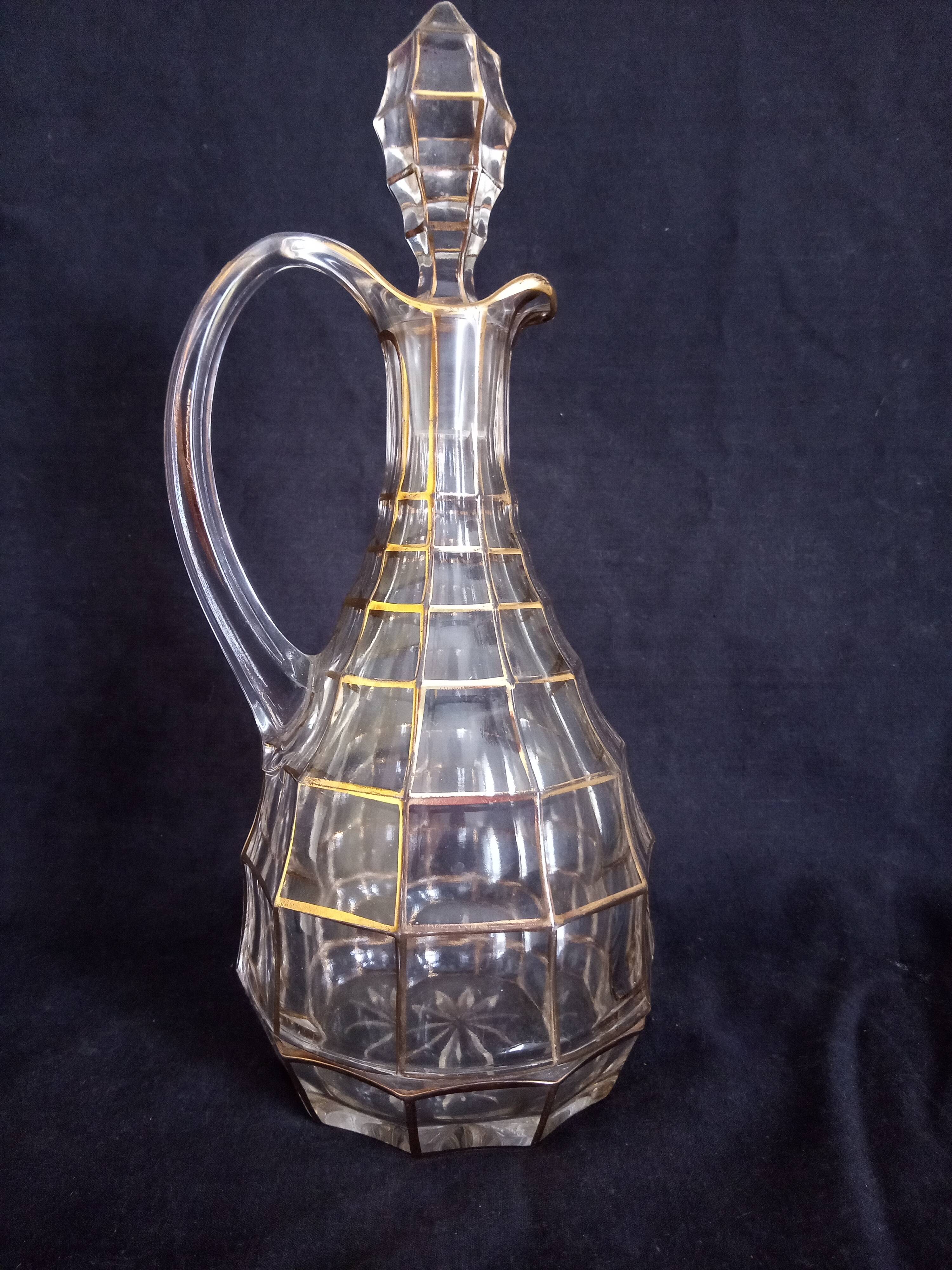 Service à liqueur pour 6 personnes en cristal taillé de Bohème, dorures à feuille d'or