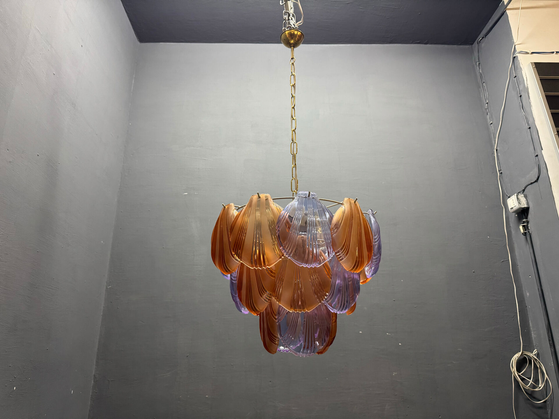 1980s Retro Murano Glass Shell Chandelier in Amber and Lavender, Italy