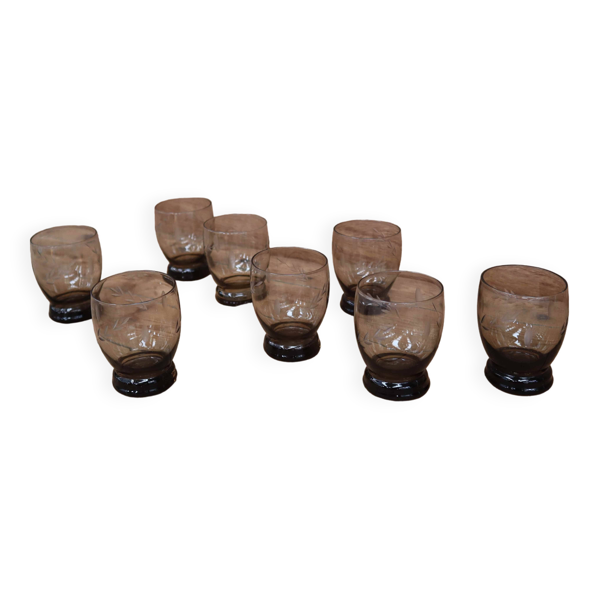 Set of 8 vintage transparent brown wheat ear chiseled glasses