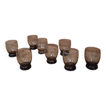 Set of 8 vintage transparent brown wheat ear chiseled glasses