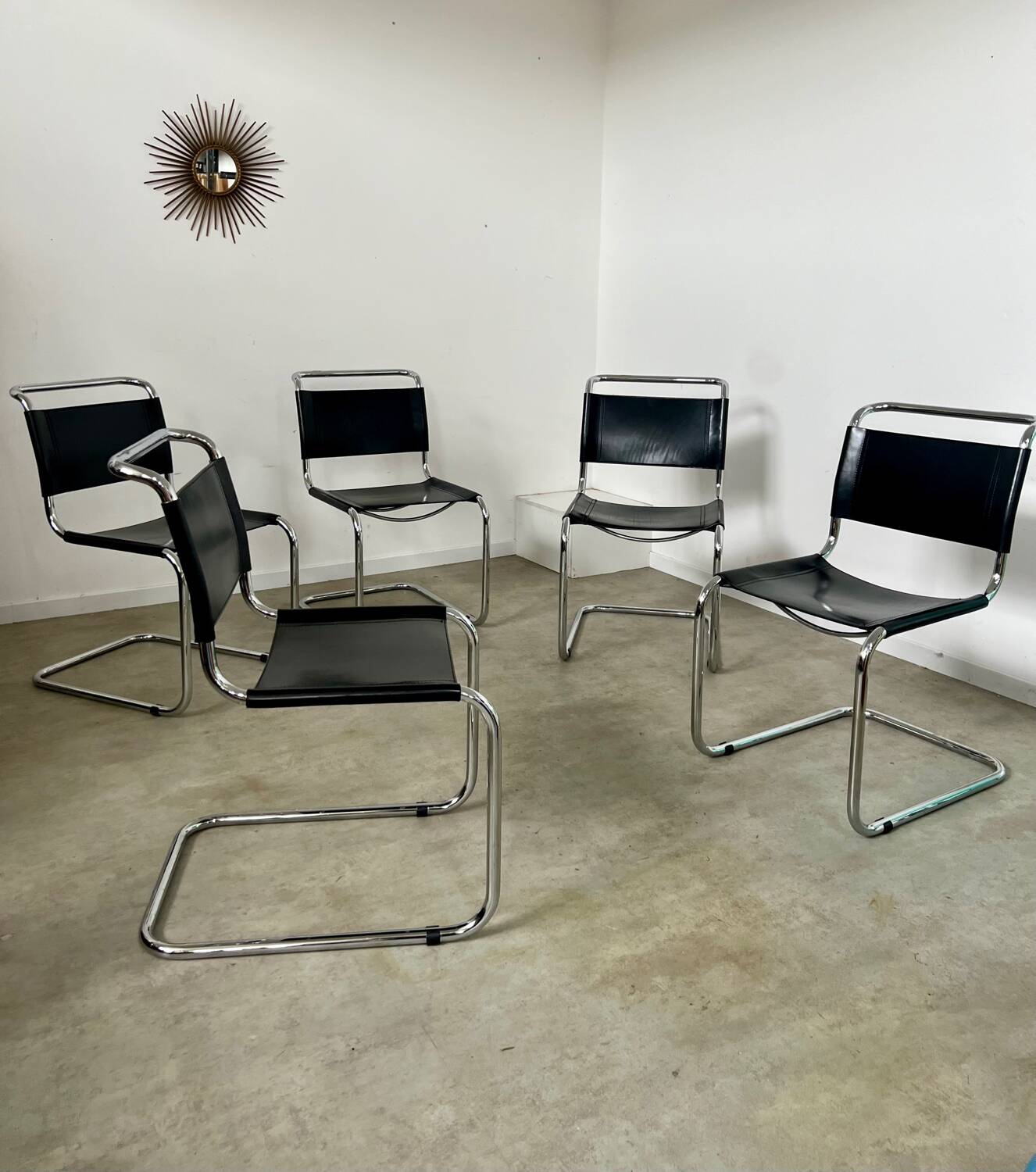 Lot 5 tubular chairs S33 design Mart Stam for Fasem in vintage black leather cantilever