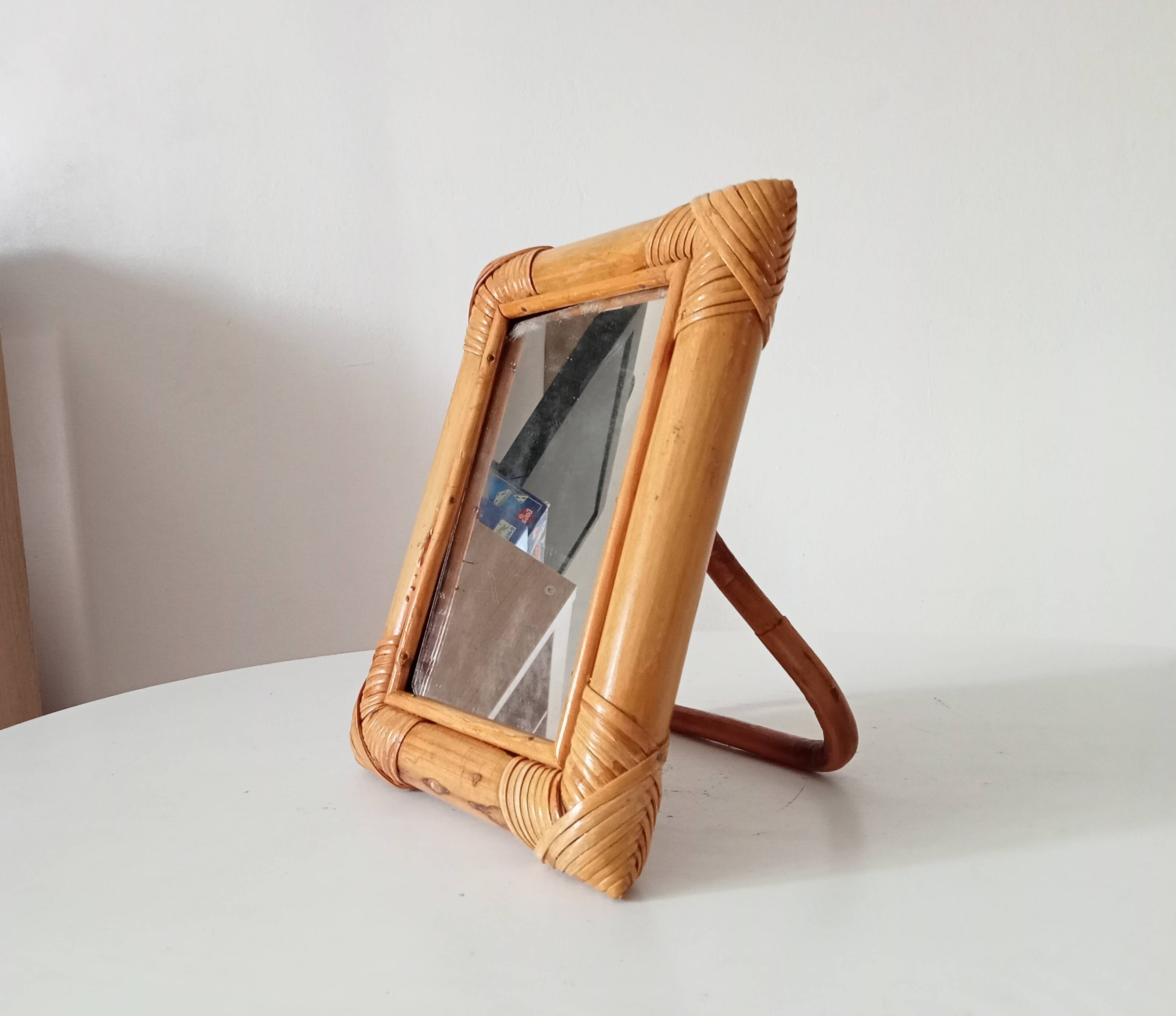 Vintage 1970s rattan tabletop mirror