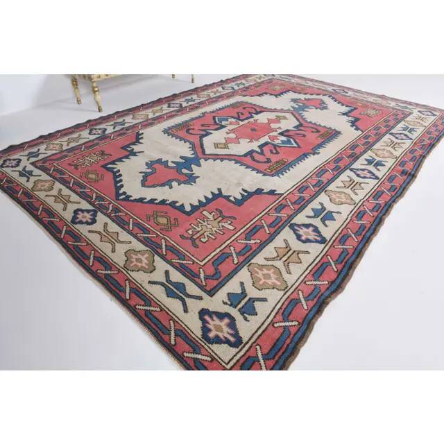 Vintage Turkish Hand-Knotted Wool Cotton Pink Area Rug 192x274