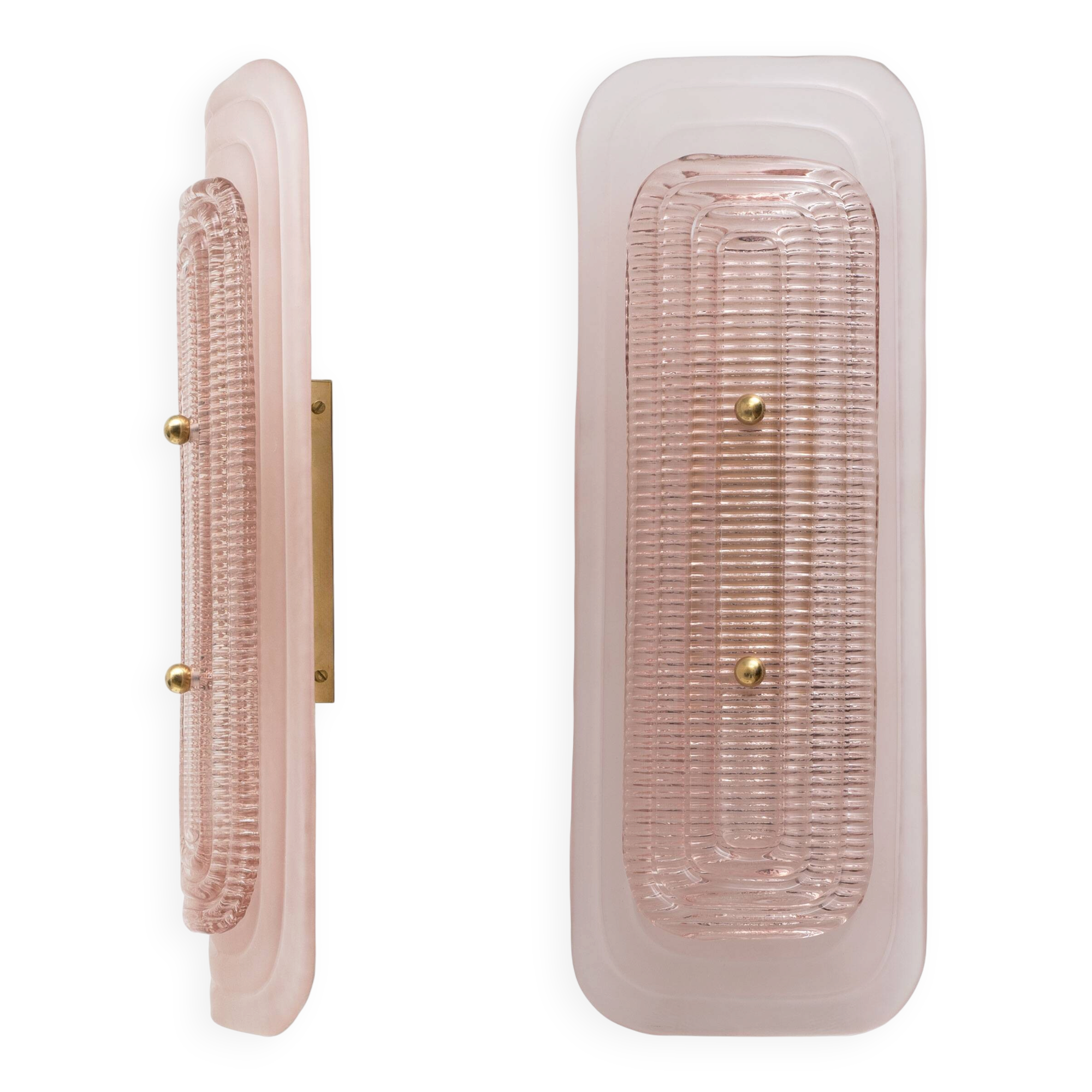 Pair of Art Deco Sconces in Matte and Glossy Pink Murano Glass and Brass