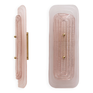 Pair of Art Deco Sconces in Matte and Glossy Pink Murano Glass and Brass