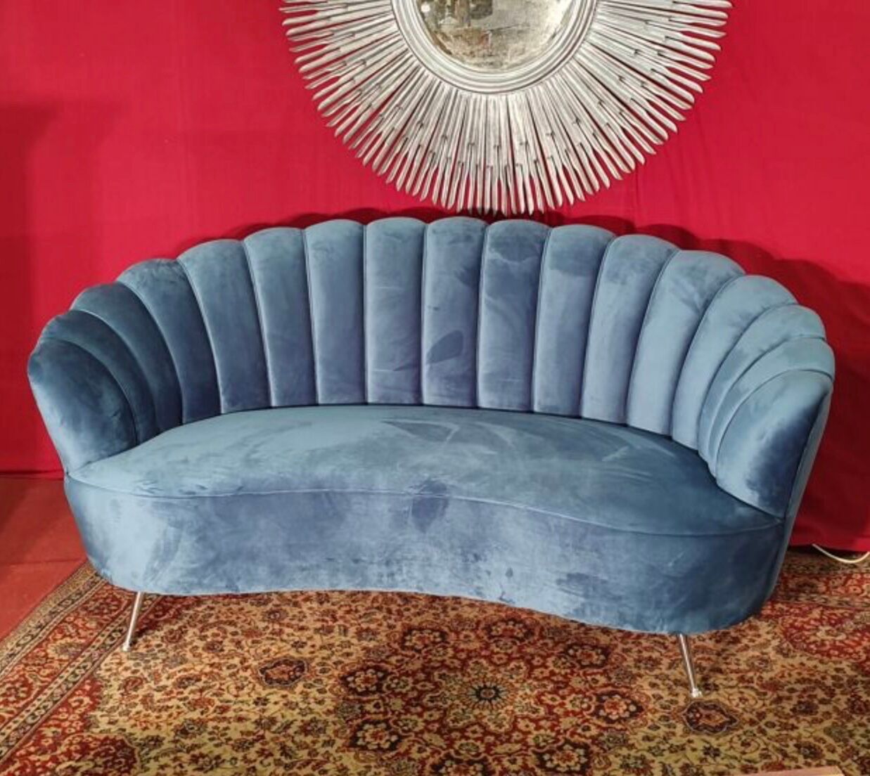 Canape vintage velours bleu pietement chrome | Selency