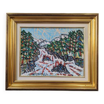 Mid-Century Modern "Lively Winter" Vintage Expressive Landscape Oil Painting by Uno Vallman, Framed