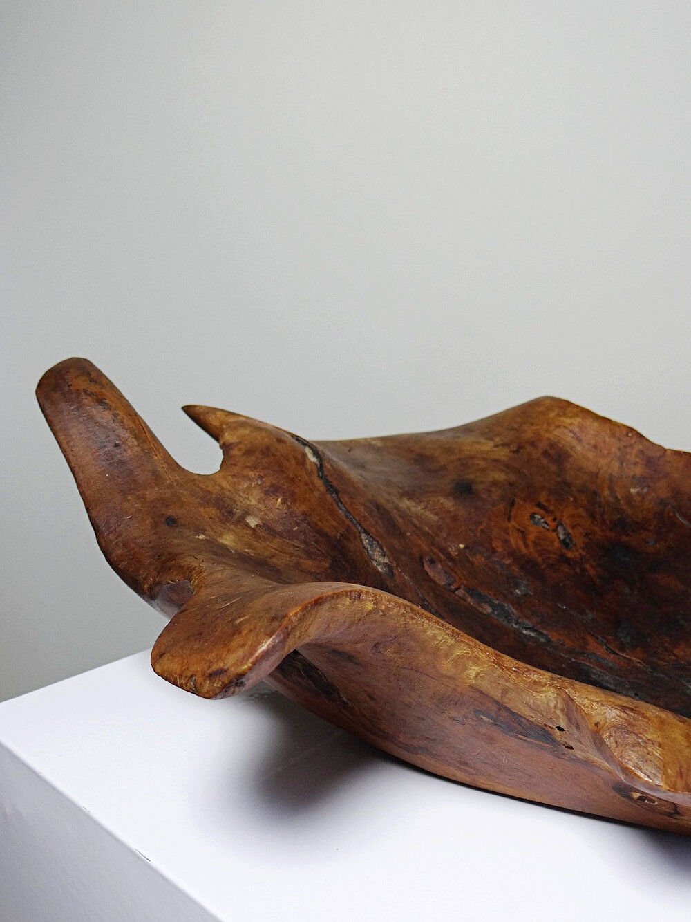 Large monoxyle bowl made of dark raw olive wood from the 1950s.