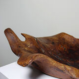 Large monoxyle bowl made of dark raw olive wood from the 1950s.