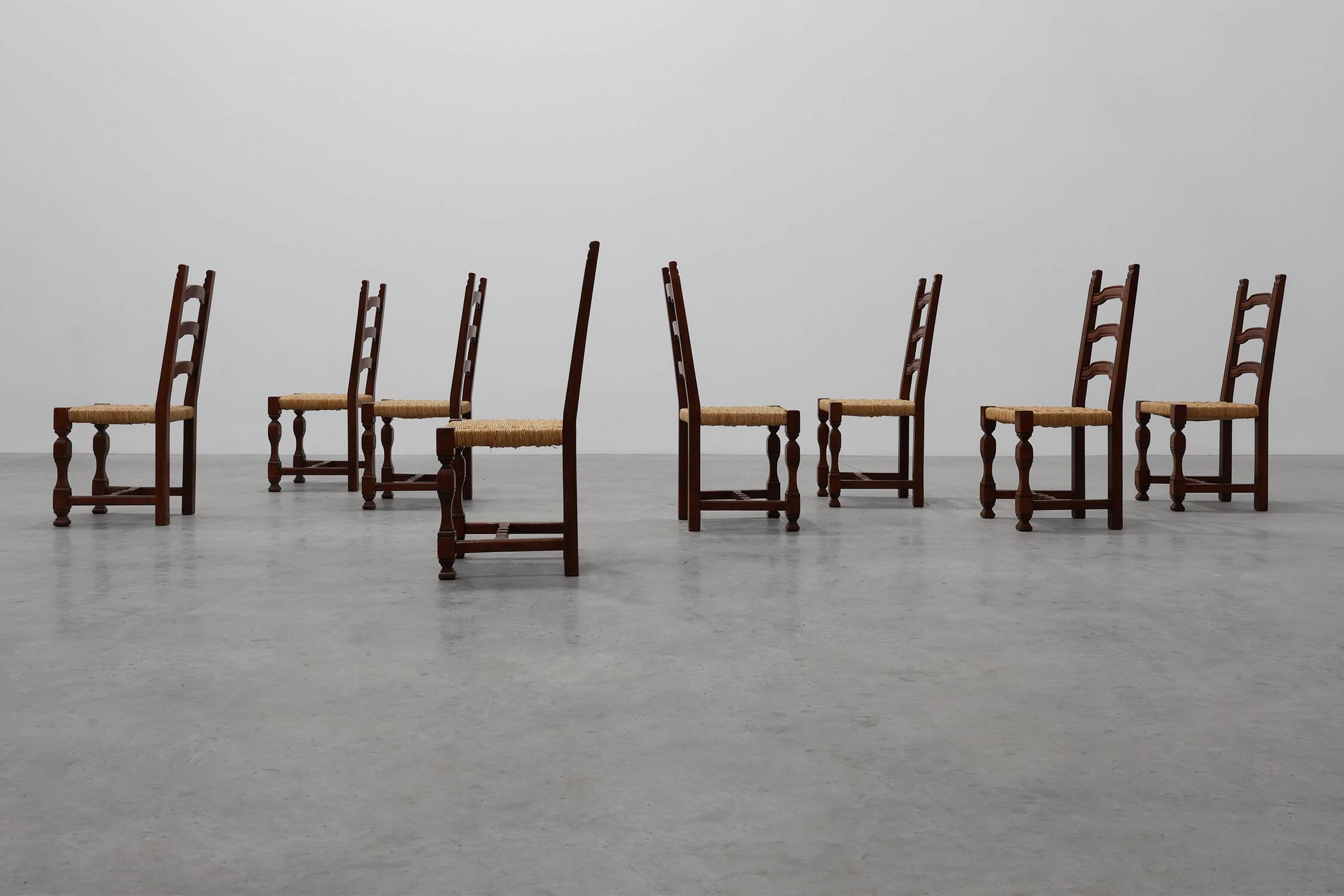 Set of 8 Brutalist Mid-Century Chairs in Wood and Wicker, Belgium ca. 1970