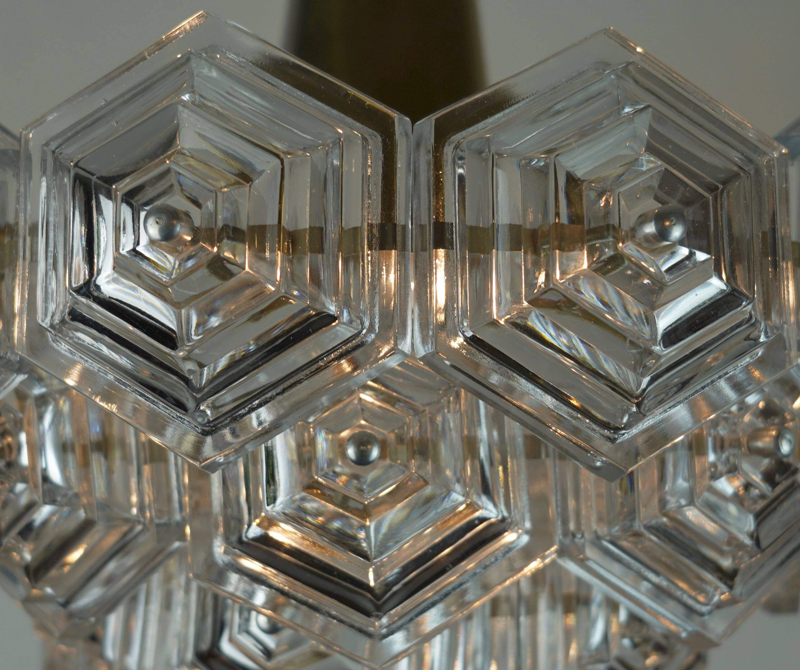 3-tier mid century pendant light with 27 hexagonal glass panels 1960s 70s