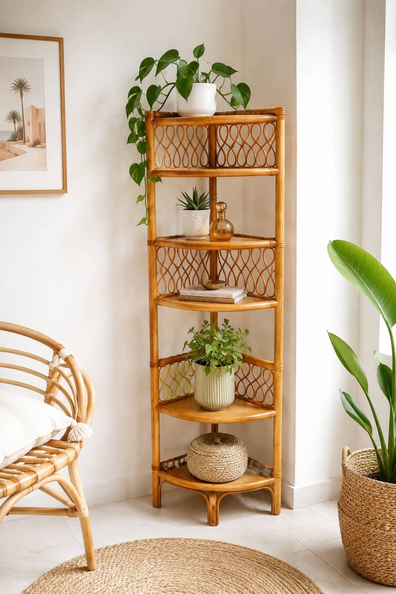 Vintage corner shelf in rattan – 1970s – Exceptional condition