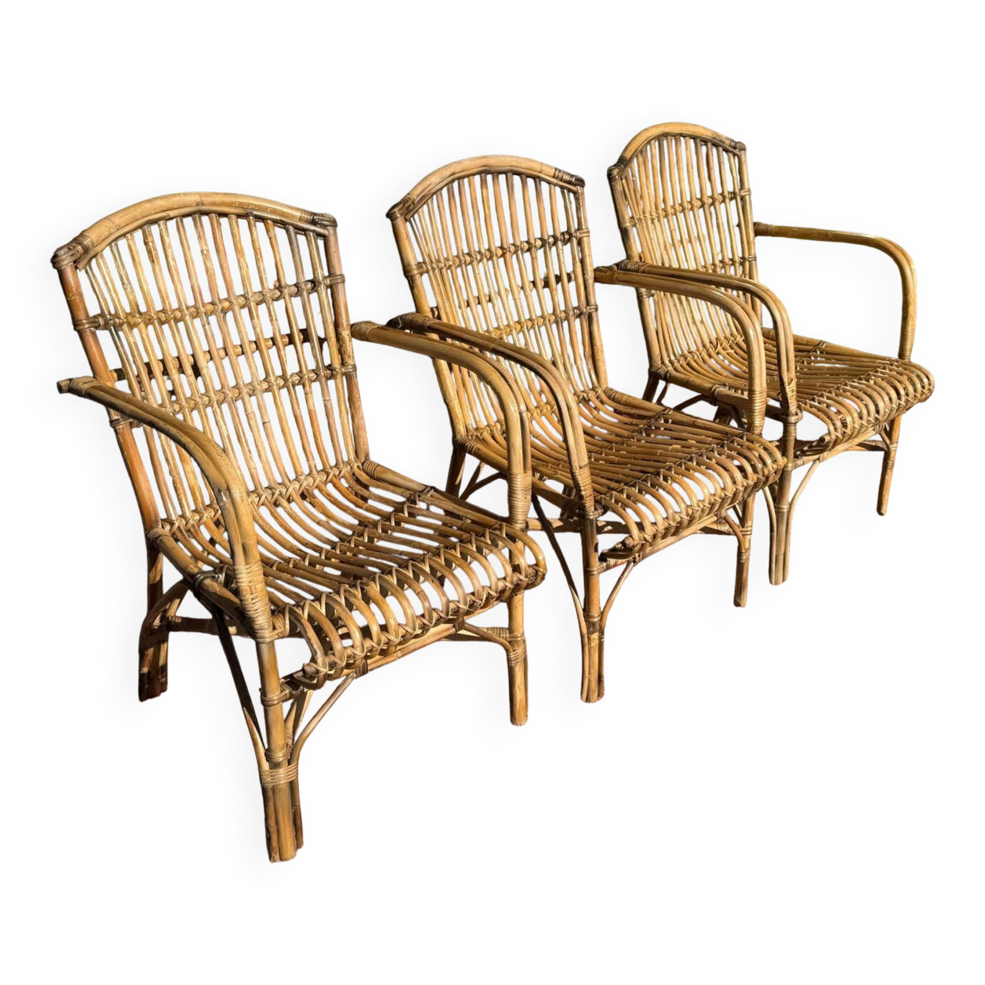 Set of 3 rattan armchairs from the 1970s France