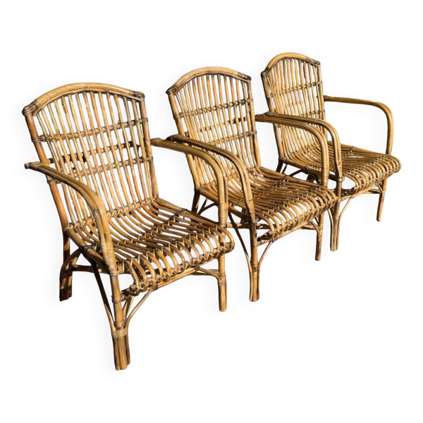 Série de 3 fauteuils en rotin, France années 70