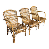 Série de 3 fauteuils en rotin, France années 70