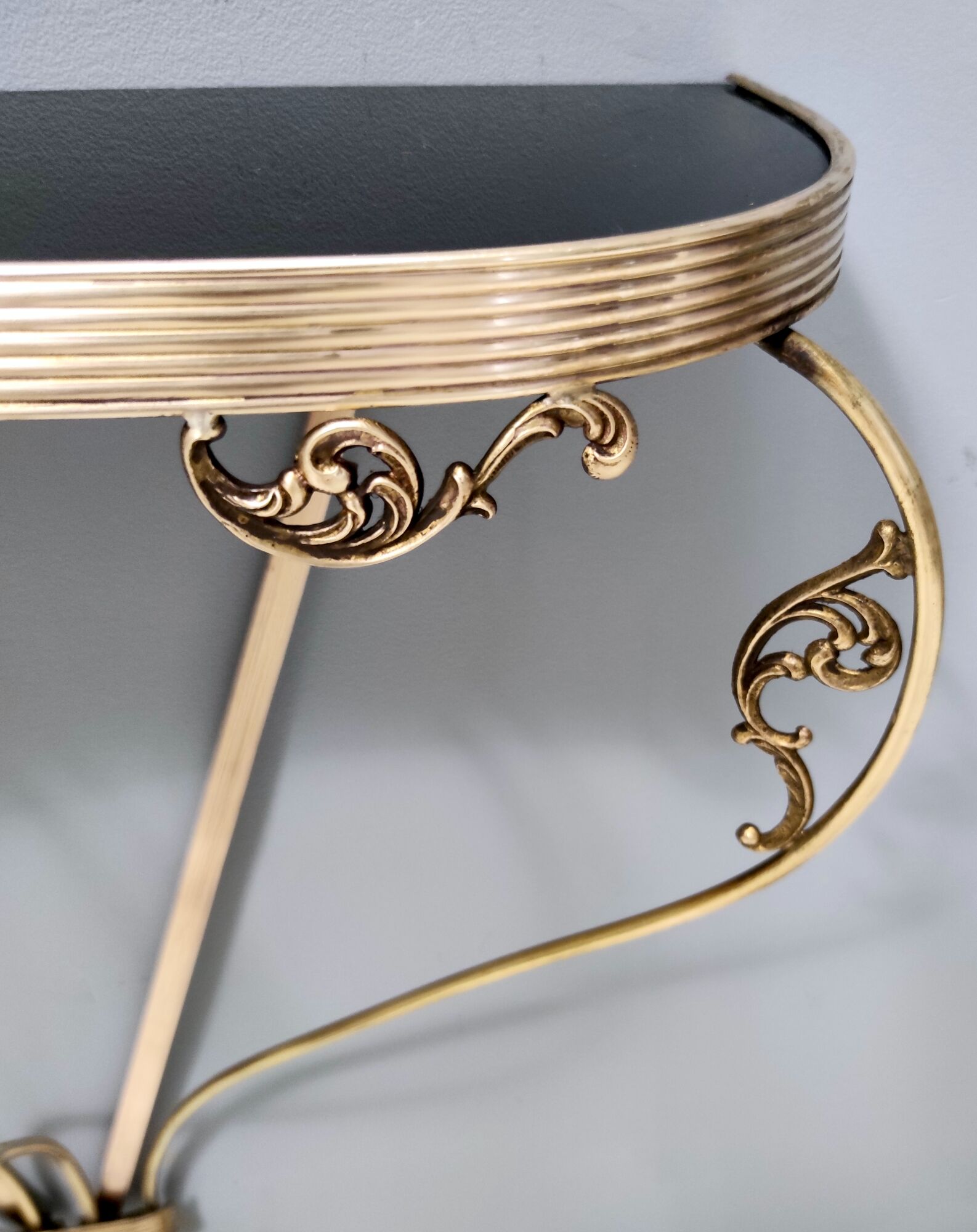 Vintage Wall Mounted Brass Console Table With Demilune Black Glass Top, Italy