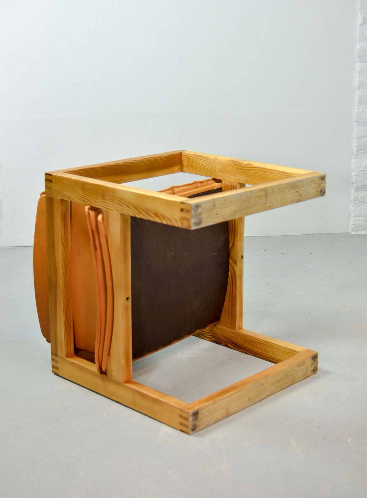 Ate van Apeldoorn Dutch Design Cognac Leather Cubic Pinewood Side Chair 70s