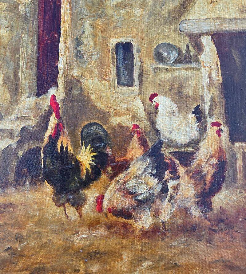 C. Roman Oil on Canvas Depicting Hens and a Rooster