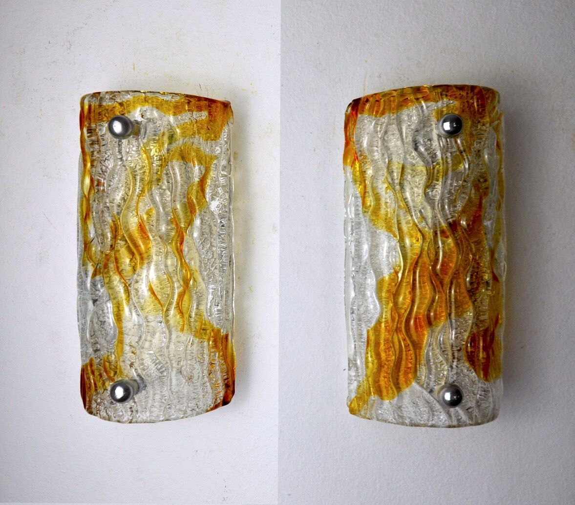 Pair of Murano Mazzega wall lamps, orange frosted glass, Italy, 1960