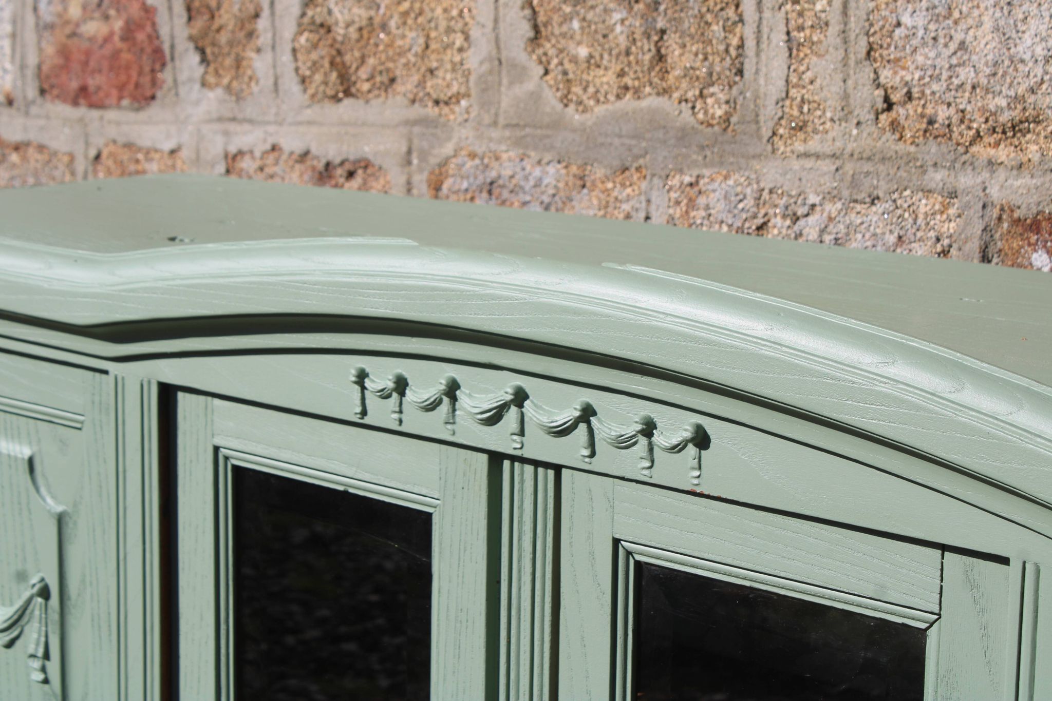 Renovated vintage sage green enfilade – wooden legs & bevelled display cabinets