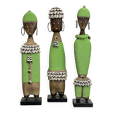 Set of 3 Namji Dolls, African Art in Wood, Beads, Cowries